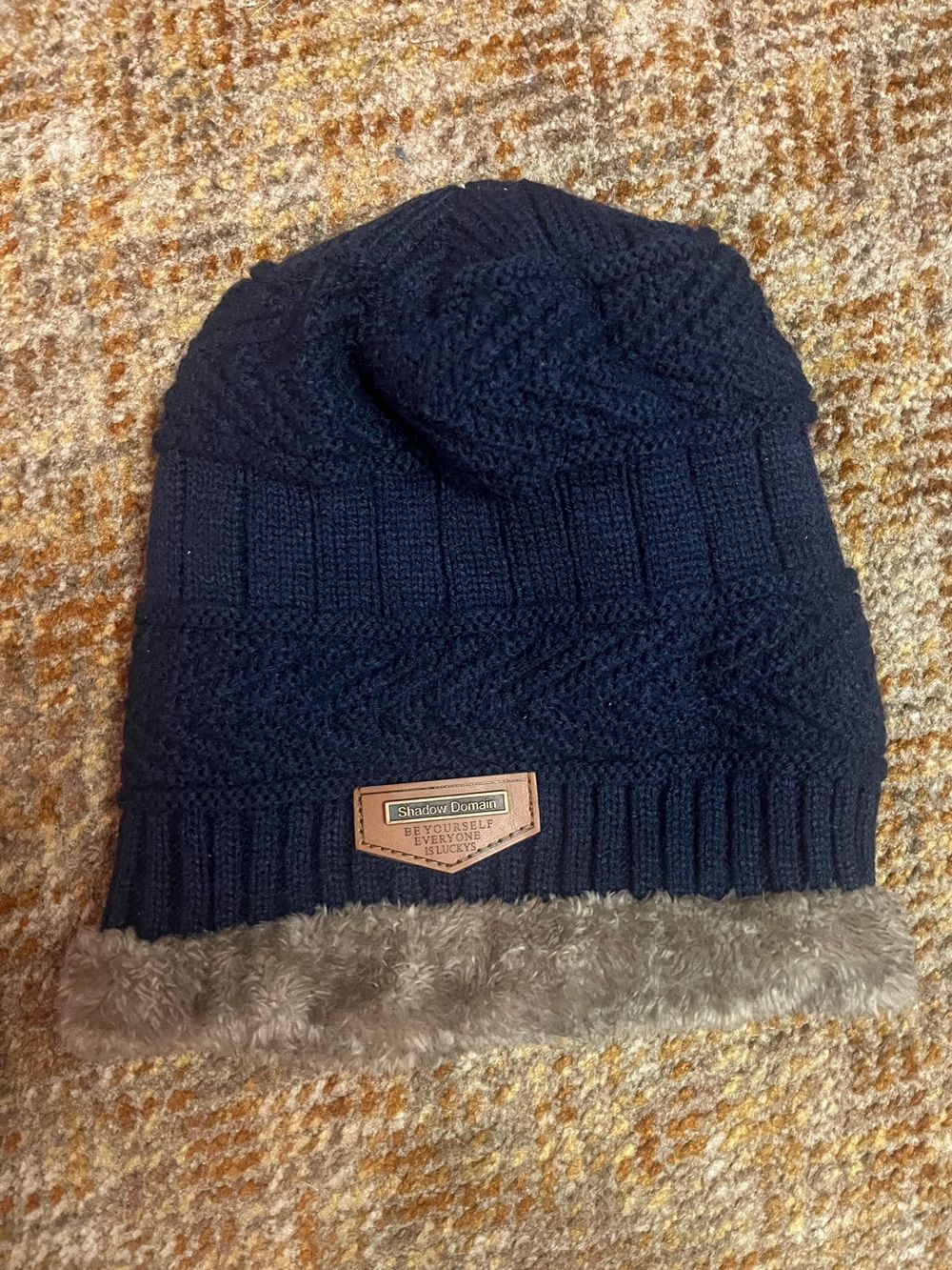 Faux-Fur Trim Knit Beanie Hat - Navy